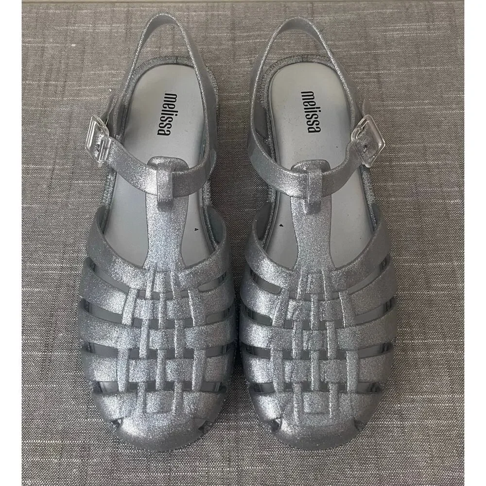 New Melissa Possession Girls Size 5 Silver Glitter Jelly Sandals